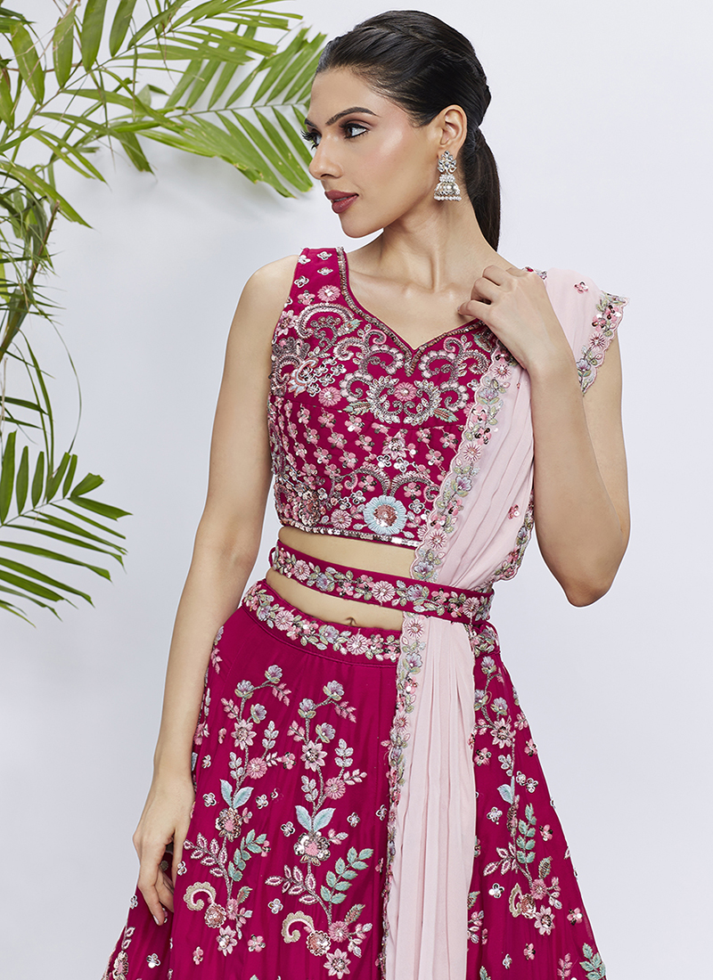 Buy Rose Pink Pure Georgette Sequins Work Wedding Wear Lehenga Choli ...