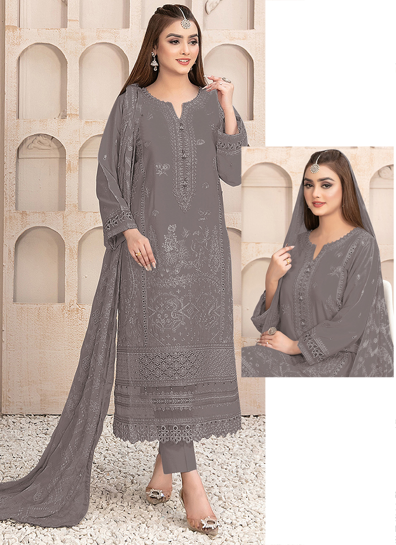 Buy Grey Faux Georgette Embroidery Work Eid Wear Pakistani Suit Online From  Surat Wholesale Shop.