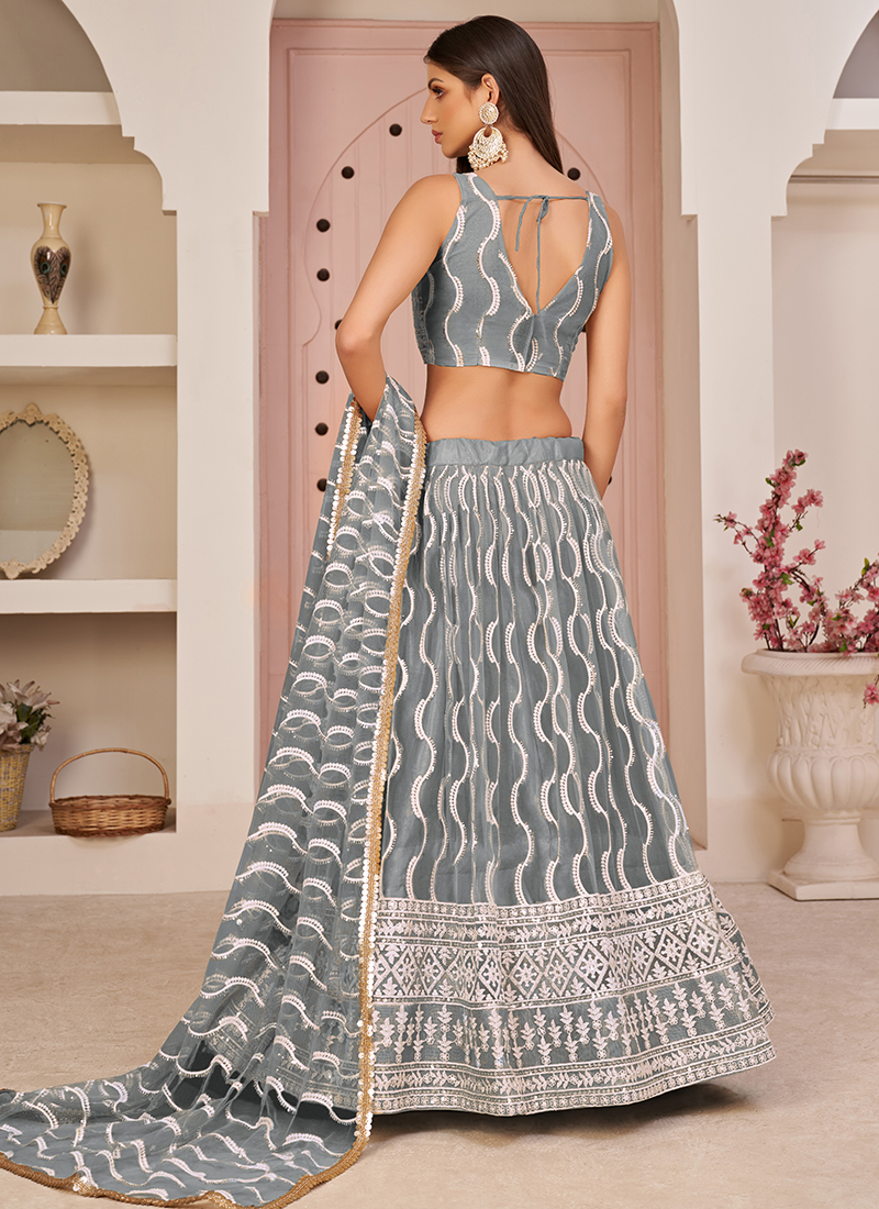 Buy Grey Butterfly Net Cotton Thread Work Wedding Wear Lehenga Choli ...