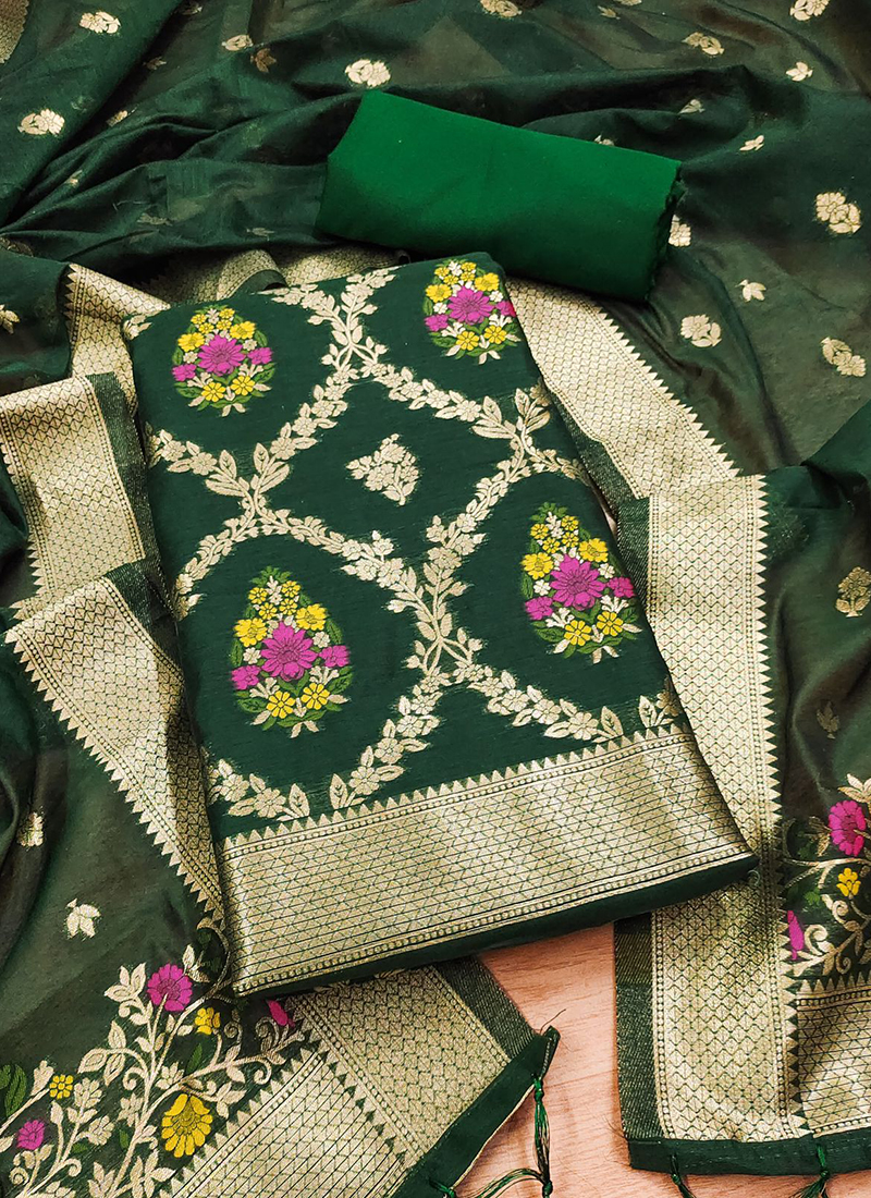 Buy Dark Green Pure Chanderi Banarasi Silk Weaving Dress Material Online  From Surat Wholesale Shop.