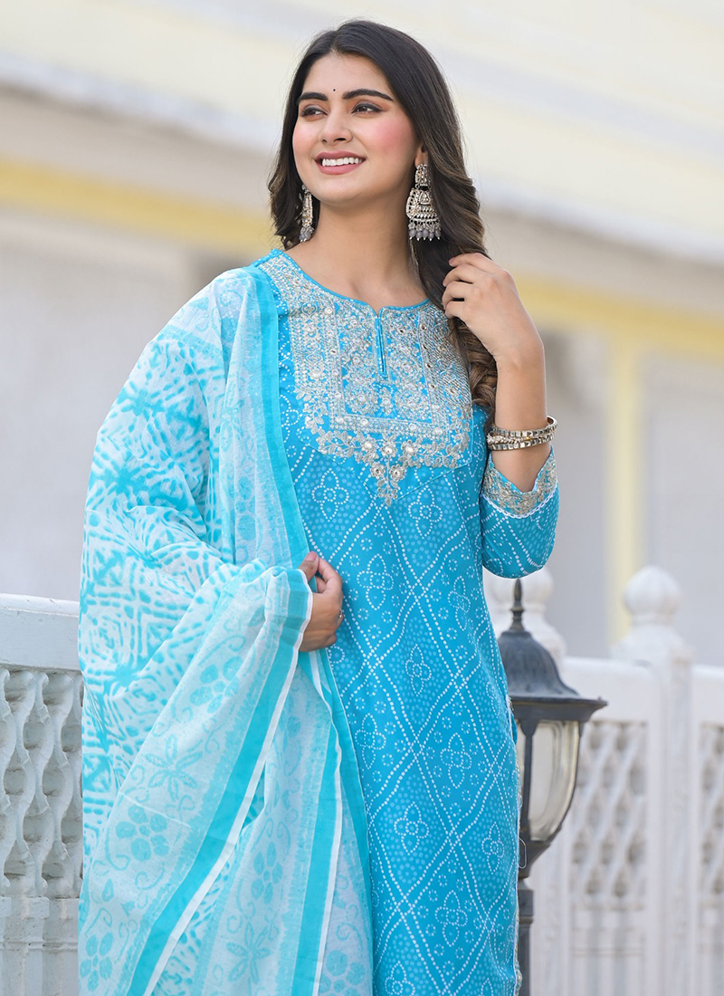 Buy Sky Blue Cotton Bandhani Work Festival Wear Readymade Straight Suit  Online From Surat Wholesale Shop.