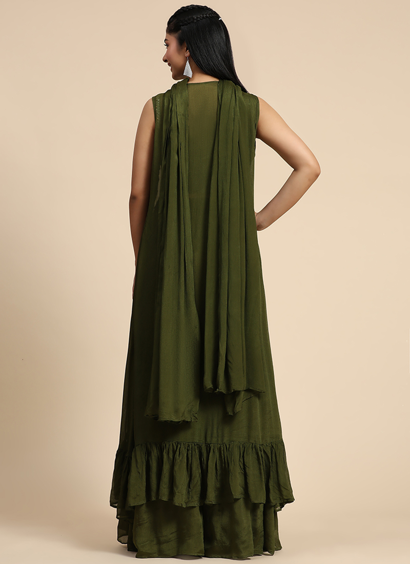 slim fit dress slacks Mehndi Green Color Thread Sequence Work Gown  subhvastra