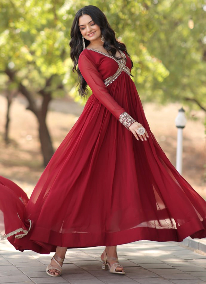 Buy Maroon Faux Blooming Zari Work Party Wear Readymade Gown With Dupatta  Online From Surat Wholesale Shop.