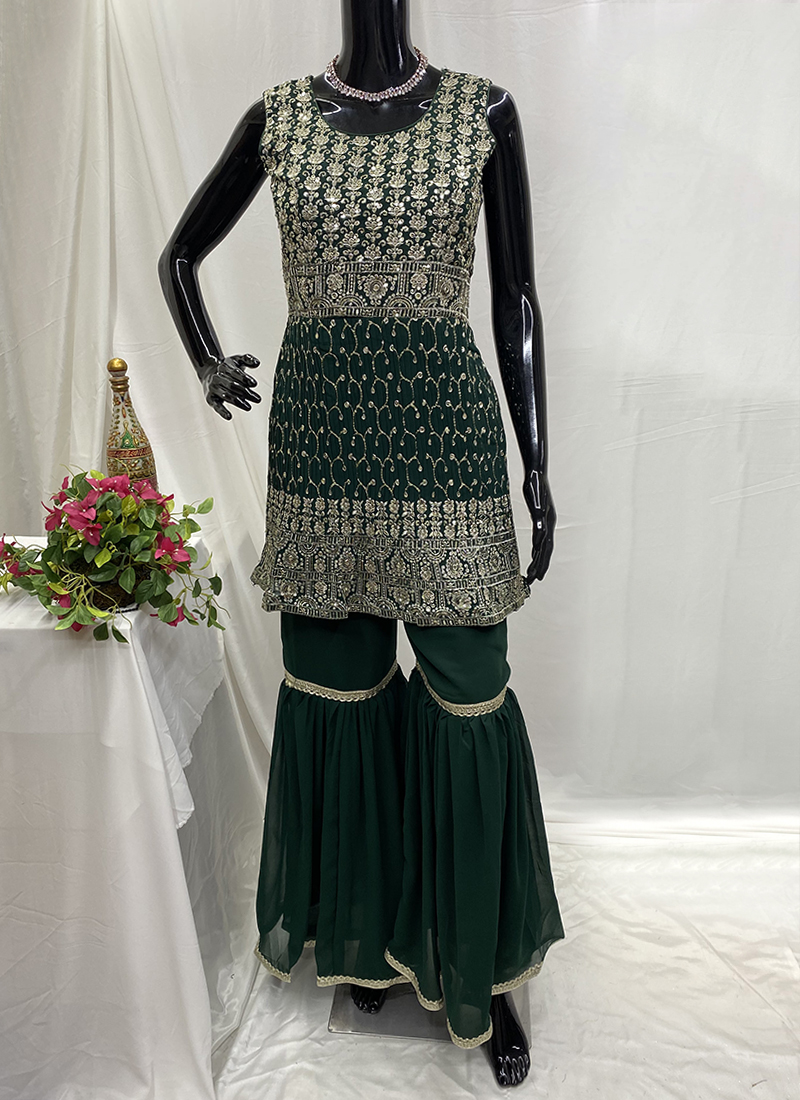 green emerald velvet dress Green Sharara Salwar Kameez Pakistani Wedding Dresses – Nameera by Farooq main image 1