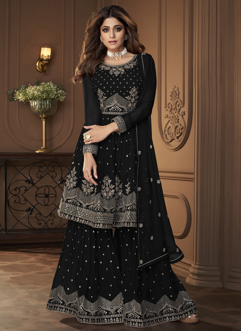 Buy Black Georgette Embroidery Work Party Wear Sharara Suit Online From  Surat Wholesale Shop.