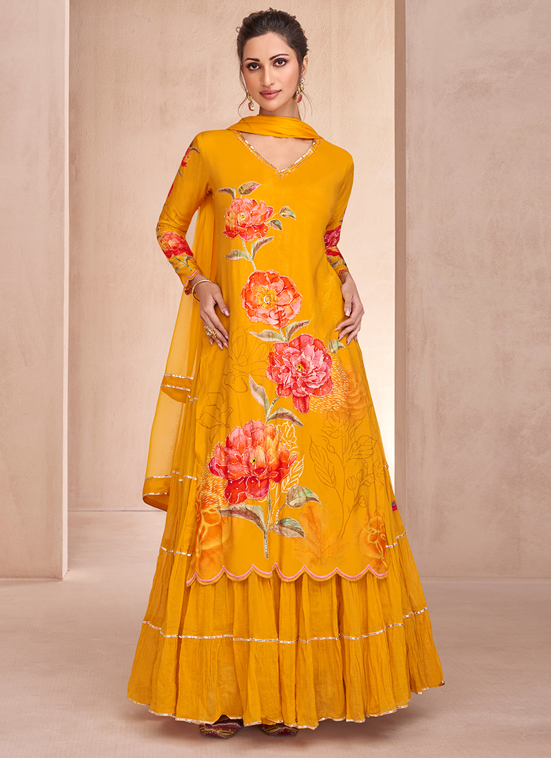Buy Yellow Muslin Hand Embellished Work Festival Wear Readymade Skirt Style  Suits Online From Surat Wholesale Shop.