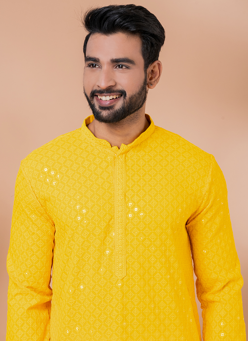 Buy Yellow Viscose Rayon Embroidery Work Traditional Wear Kurta Pajama  Online From Surat Wholesale Shop.