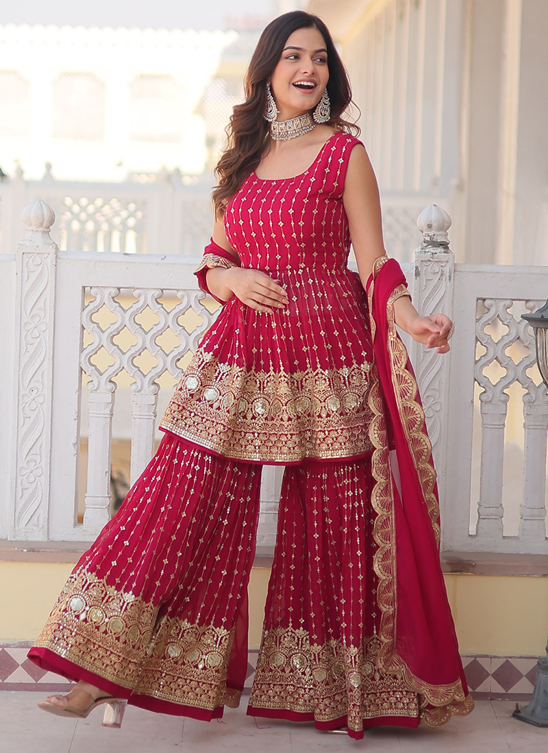 white and gold prom dresses with sleeves Designer Red Sequin Sharara Set for Women
