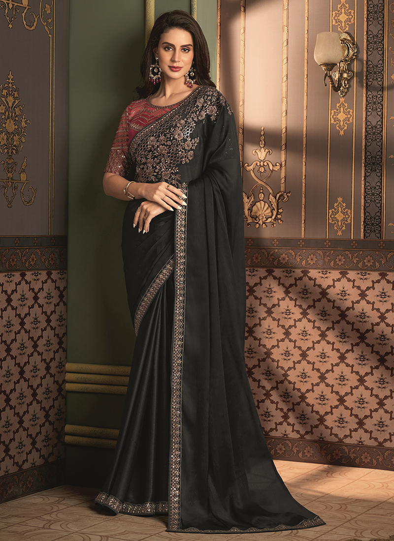 Handwork Embroidery Banarasi Silk Silver Black Party Wear Saree – Sunasa