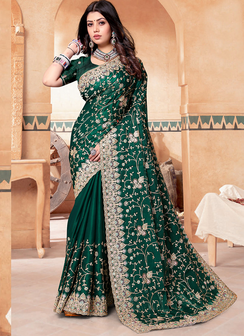 Bottle Green Color Silk Embroidered Wedding Wear Saree