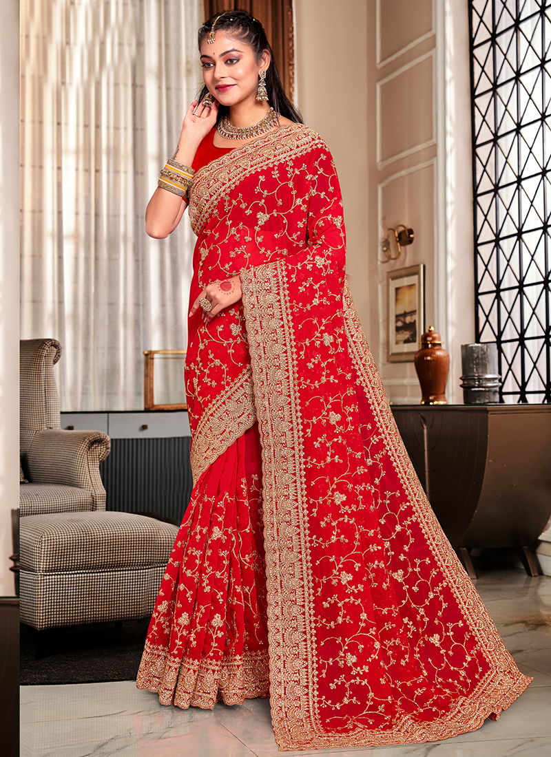 red dress saree Off Shoulder Red Saree | Party Wear Saree