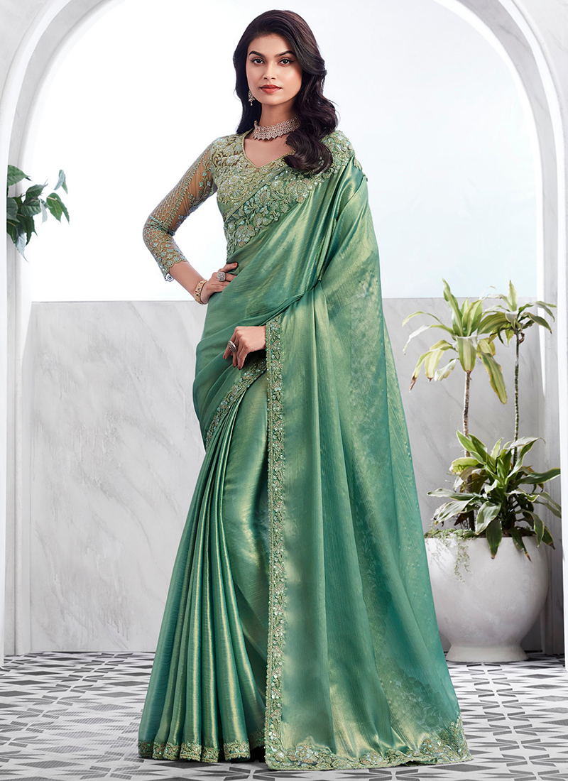 Buy Party Wear Pista Green Embroidery Work Tissue Silk Saree Online From  Surat Wholesale Shop.