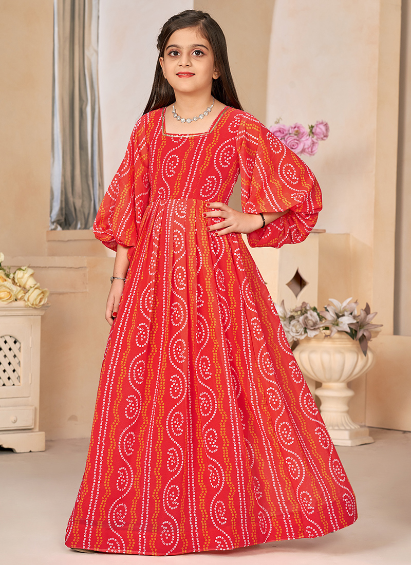 Kids Gown Party Wear Cbazaar Kids Girls Dresses And Gown Mustard Digital  Print Faux Georgette Kids