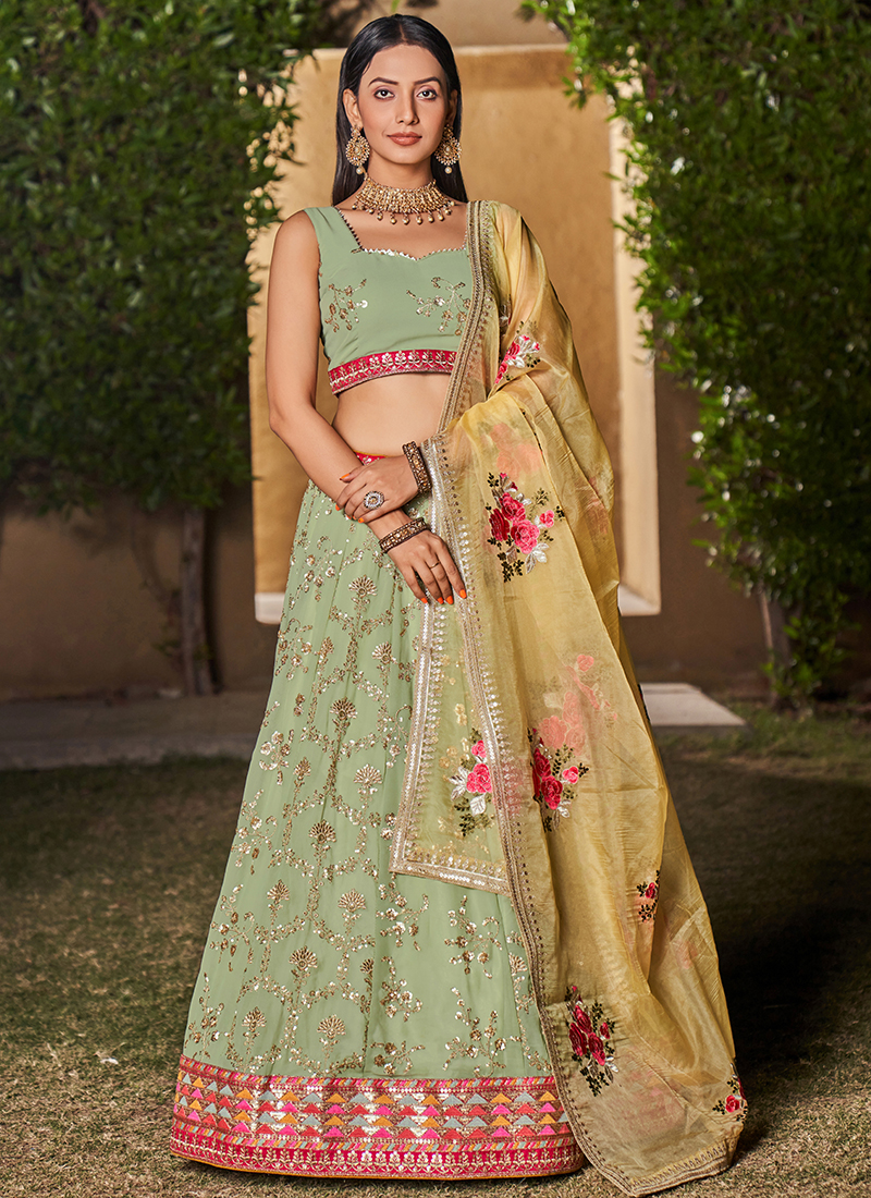 Pista Green Georgette Partywear Lehenga Choli