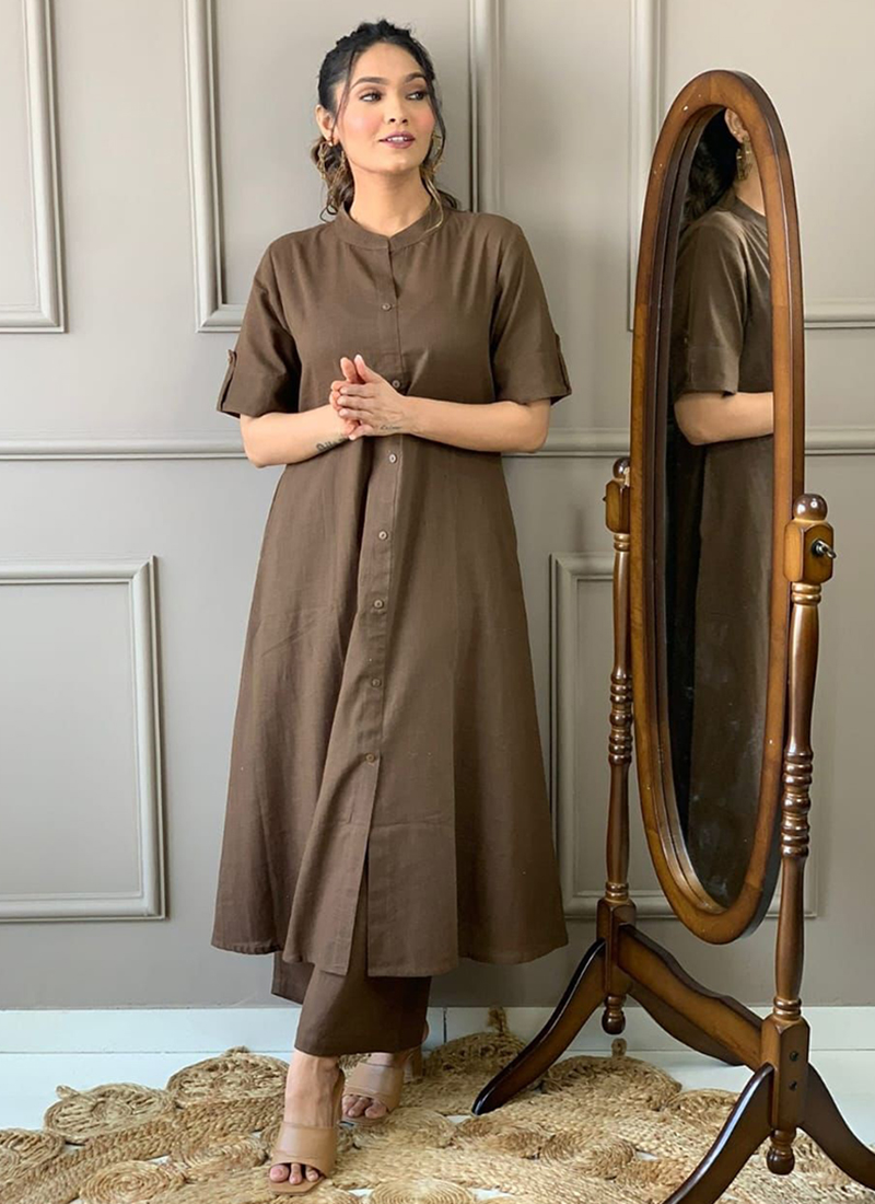 Buy Brown Cotton Slub Plain Casual Wear Kurti With Pant Online From Surat  Wholesale Shop