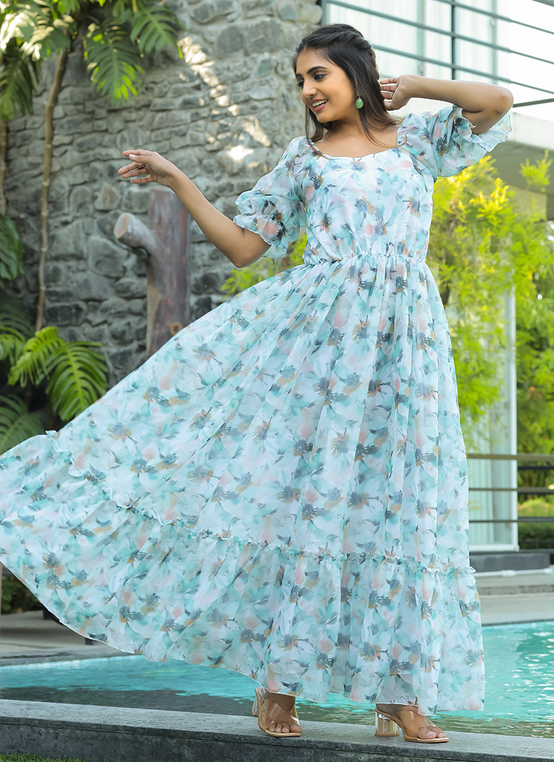 sky blue party wear dress Wedtrend Women Sky Blue Wedding Guest Dress A Line Chiffon Pleated Ruffle Sleeves Bridesmaid Dress with Slit, Chiffon color / US6