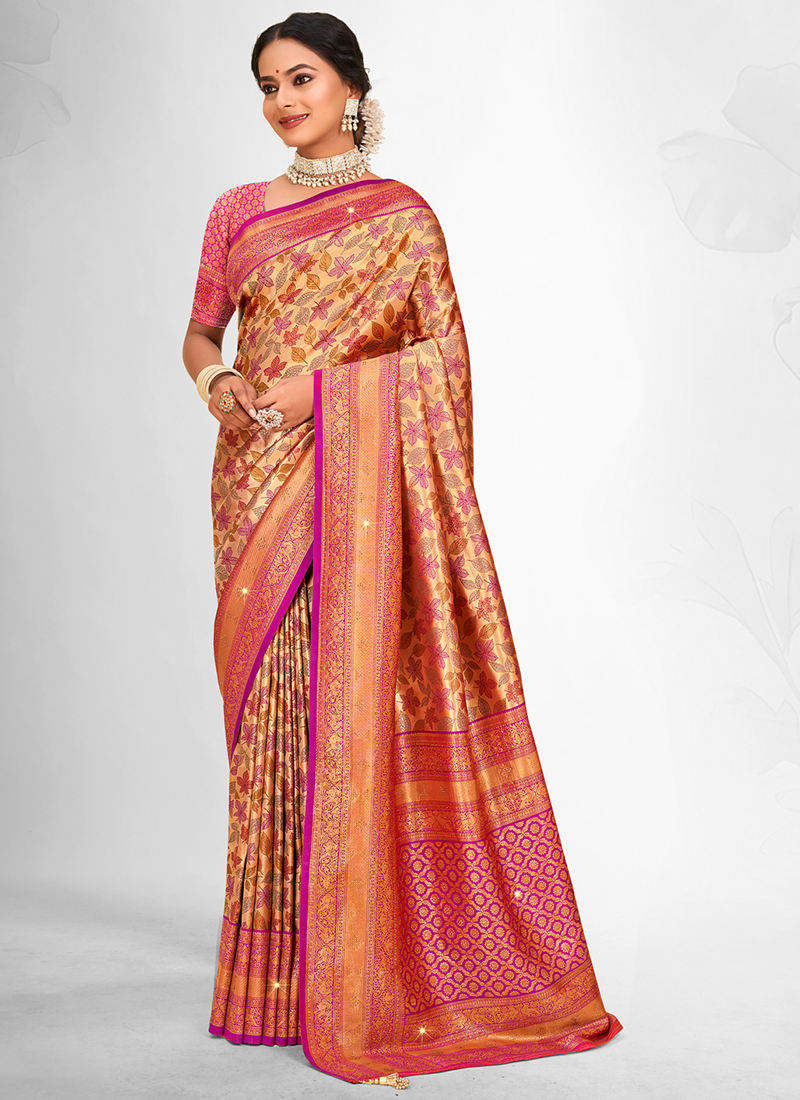 Buy Orange Banarasi Silk Weaving Festival Wear Saree Online From Surat ...