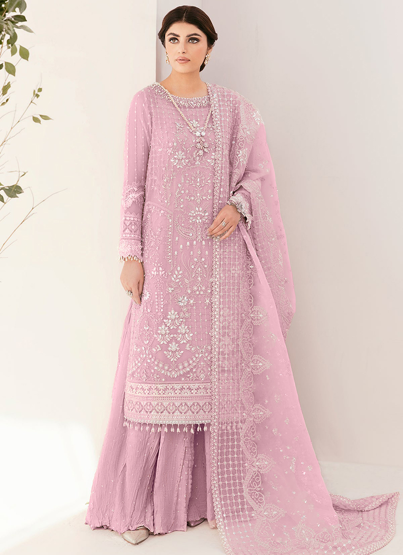 Buy Light Pink Georgette Embroidery Work Wedding Wear Pakistani Suit Online  From Surat Wholesale Shop.
