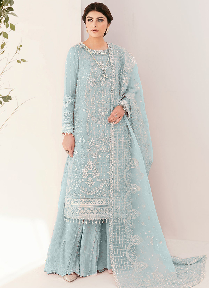 Buy Sky Blue Georgette Embroidery Work Wedding Wear Pakistani Suit Online  From Surat Wholesale Shop.