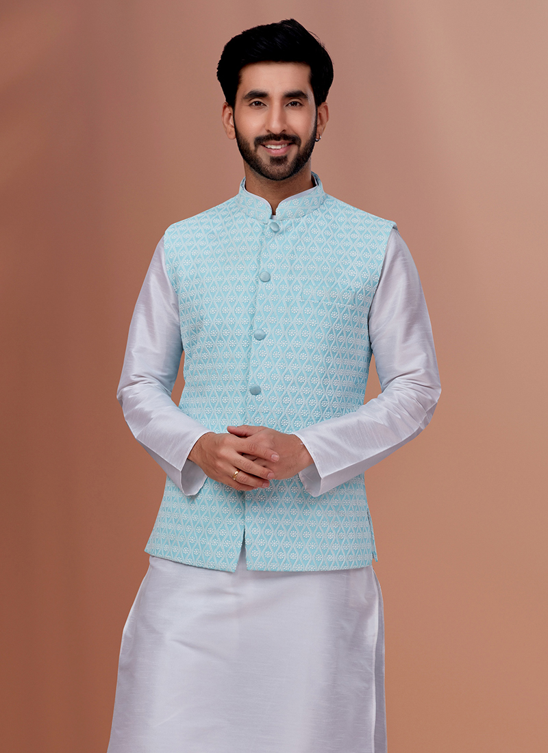 Buy Sky Blue Embroidered Georgette Embroidery Work Festival Wear Readymade  Men's Waist Coat Online From Surat Wholesale Shop.