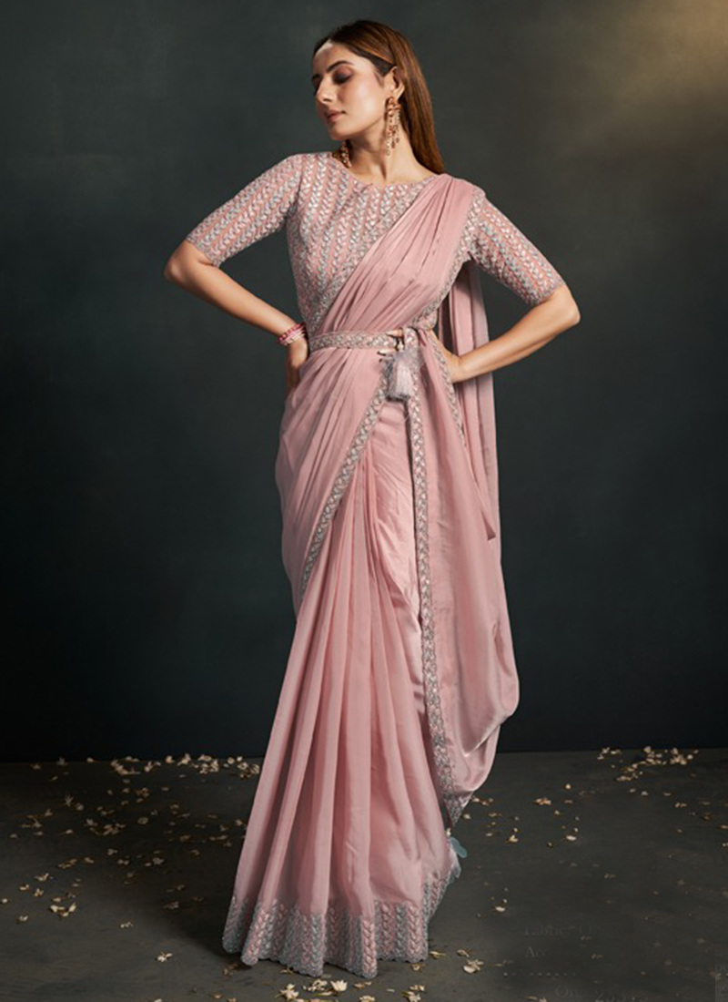 saree dress pink Pink Heavy Work Georgette Gown with Dupatta