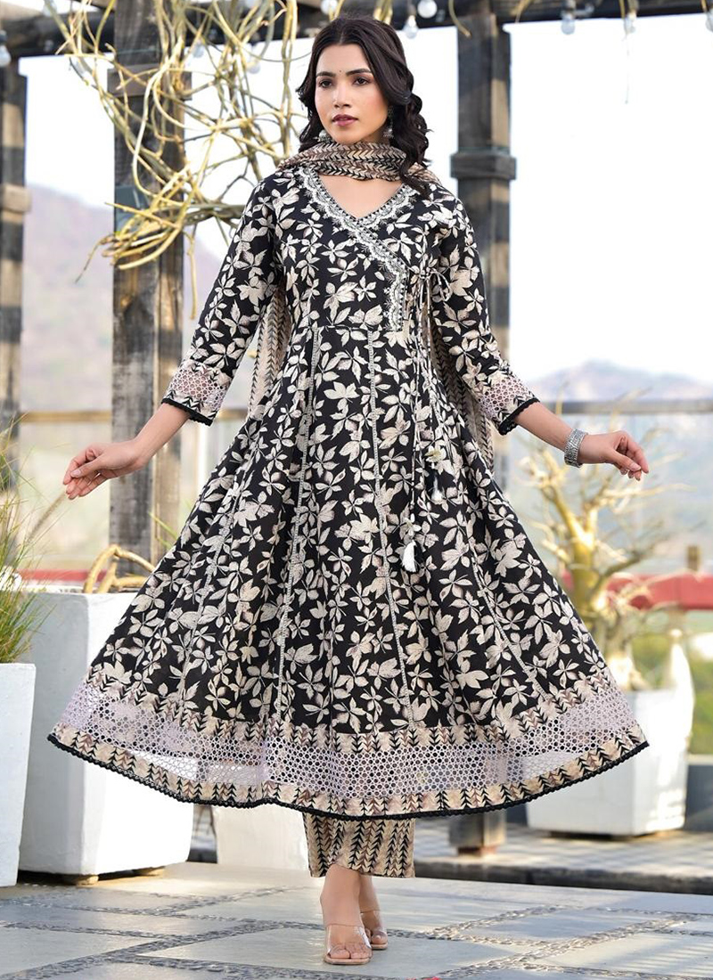 Buy Black Cotton Digital Printed Casual Wear Readymade Anarkali Suit Online  From Surat Wholesale Shop.