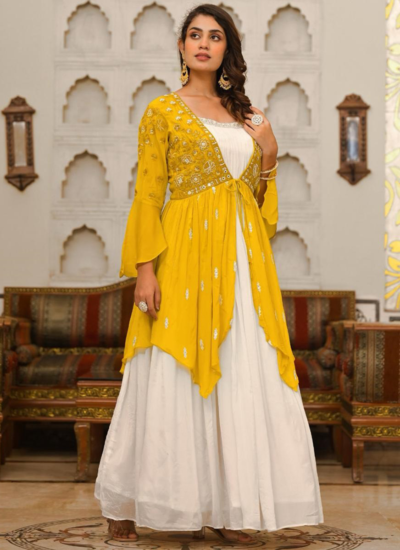gold indo western dress Antique Gold Indo-Western Mermaid Gown with Handcrafted Beaded Corset & Flowing Cape 34 main image 0