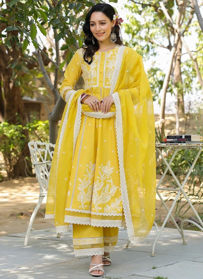 Buy Yellow Rayon Cotton Hand Work Party Wear Readymade Anarkali Suit Online  From Surat Wholesale Shop.