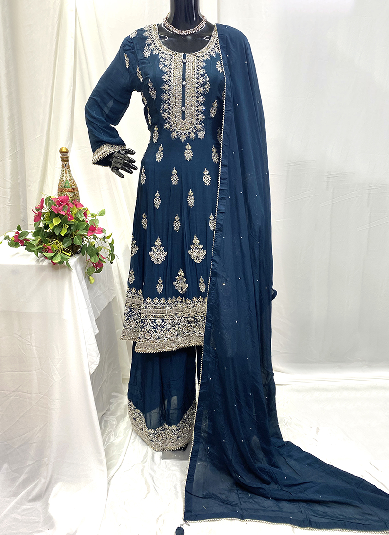 Buy Navy Blue Chiffon Hand Work Wedding Wear Readymade Heeramandi  Collection Plazzo Suit Online From Surat Wholesale Shop.