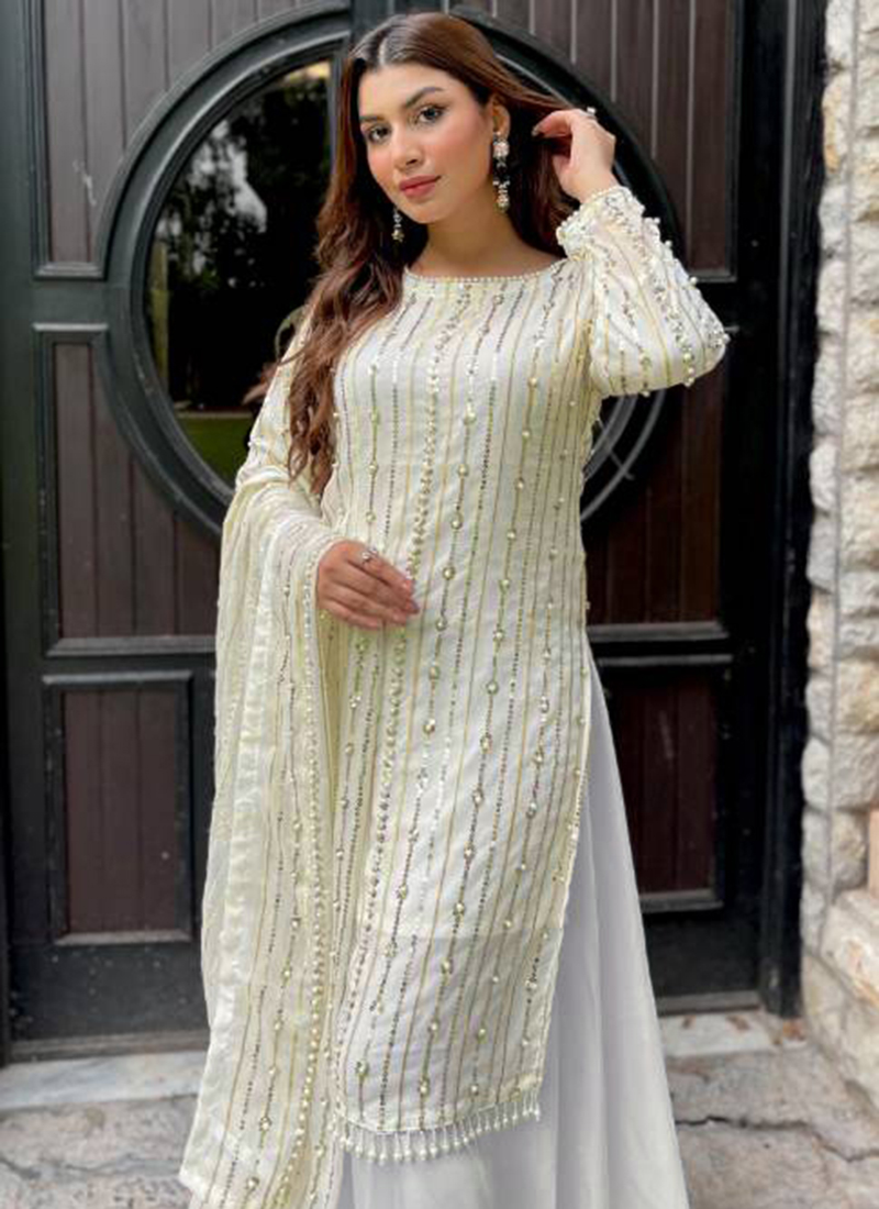 Buy White Georgette Sequence Work Festival Wear Readymade Pakistani Suit  Online From Surat Wholesale Shop.