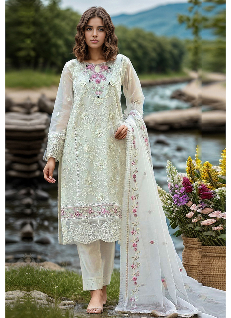 cream colour pakistani dress Embroidered Net Pakistani Suit in Beige