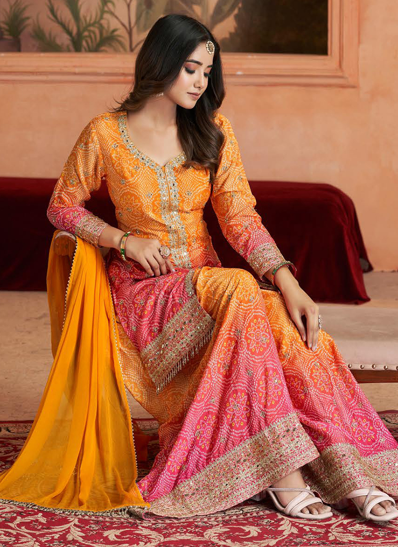 orange bandhani dress Buy Orange Chinnon Bandhani Print Wedding Wear Readymade Plazzo Suit Online  From Surat Wholesale Shop