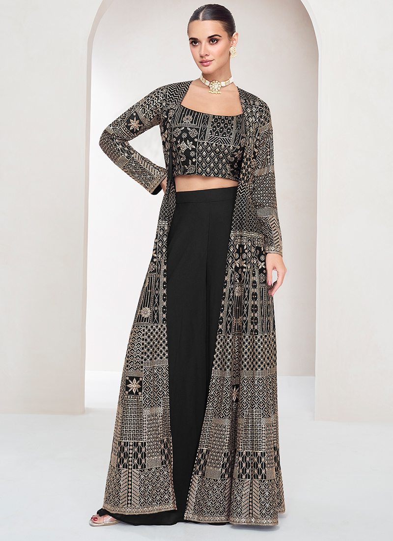 open lace back dress Black Partywear Peplum Top skirt co-ord indowestern set for women