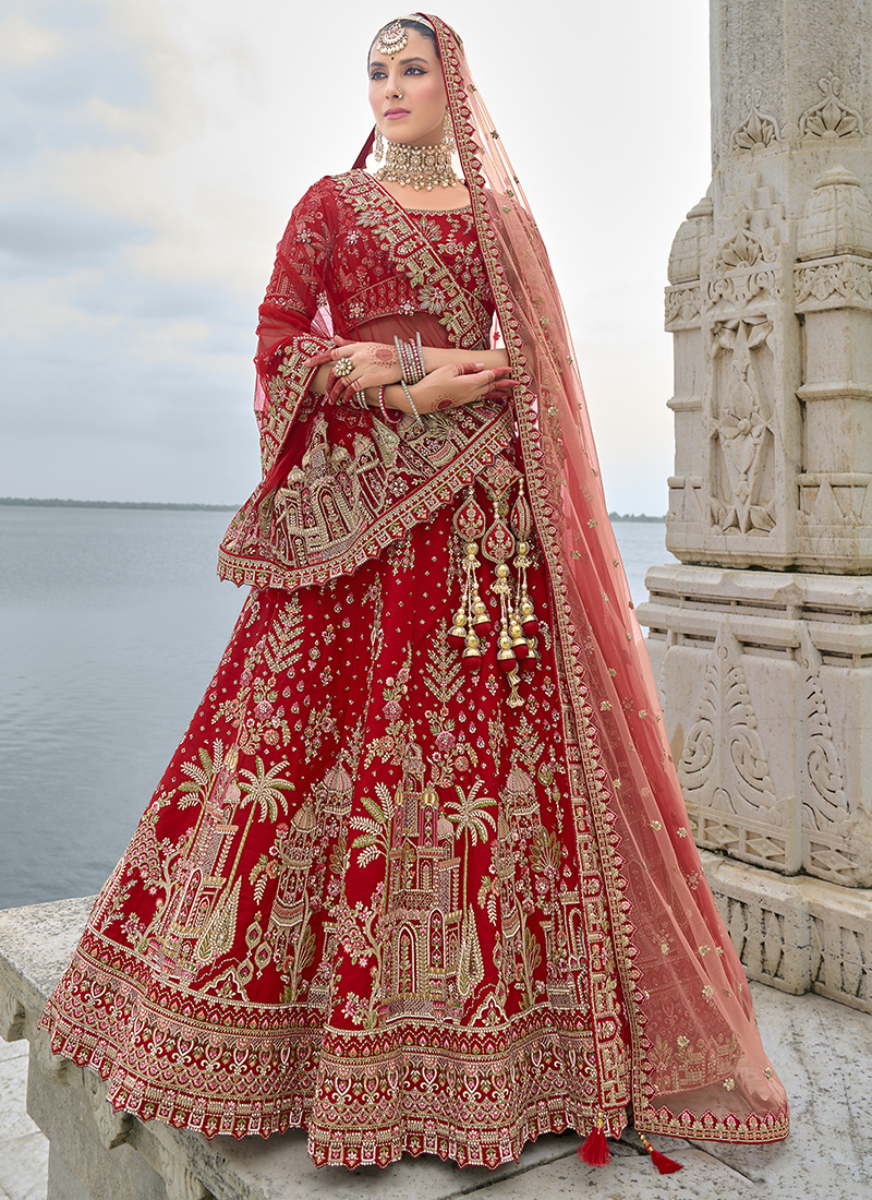 green emerald velvet dress Nitika Gujral Red Ombre Bridal Lehenga Set