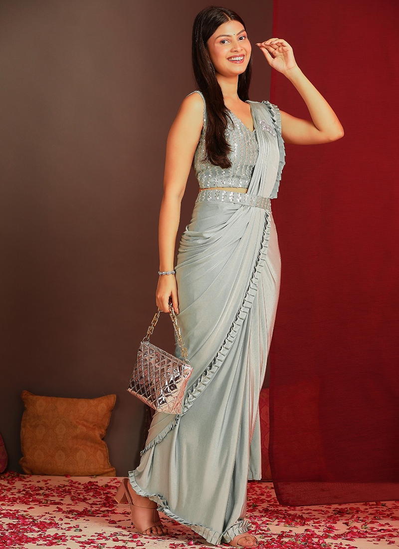 open lace back dress Stunning Grey Applique Net Designer Bridal Party Wear Saree main image 1
