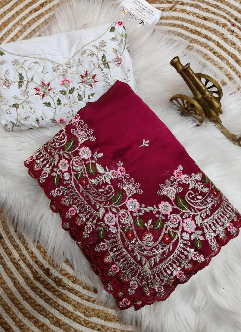 Buy Rani Pink Rangoli Silk Thread Work Party Wear Saree Online From ...