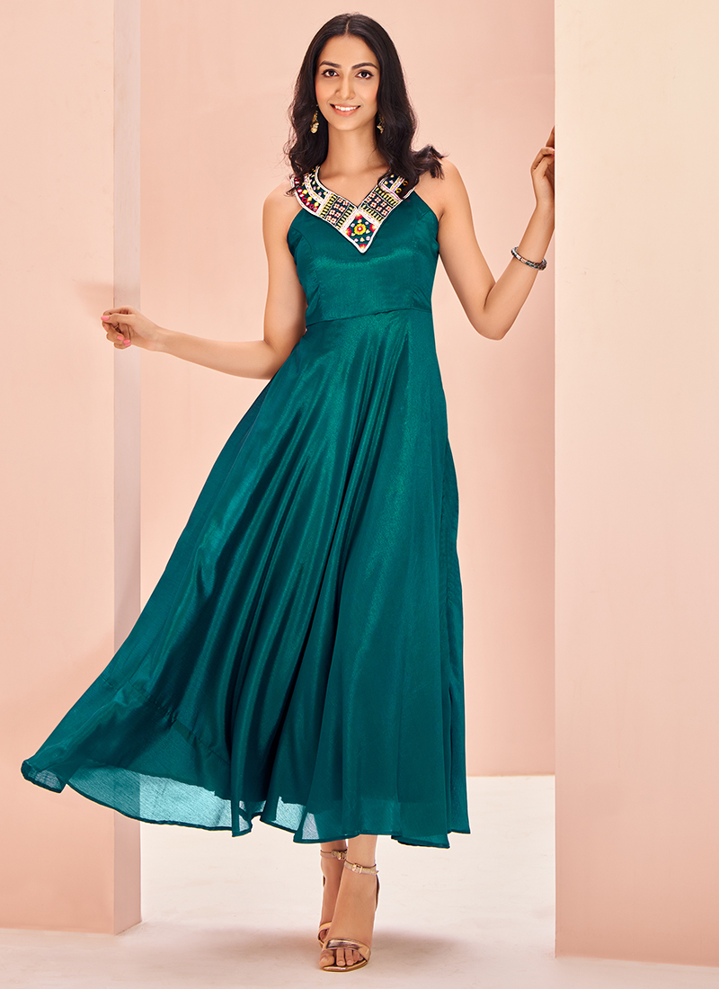 Buy Teal Blue Chinnon Hand Work Party Wear Readymade Western Dress Online  From Surat Wholesale Shop.