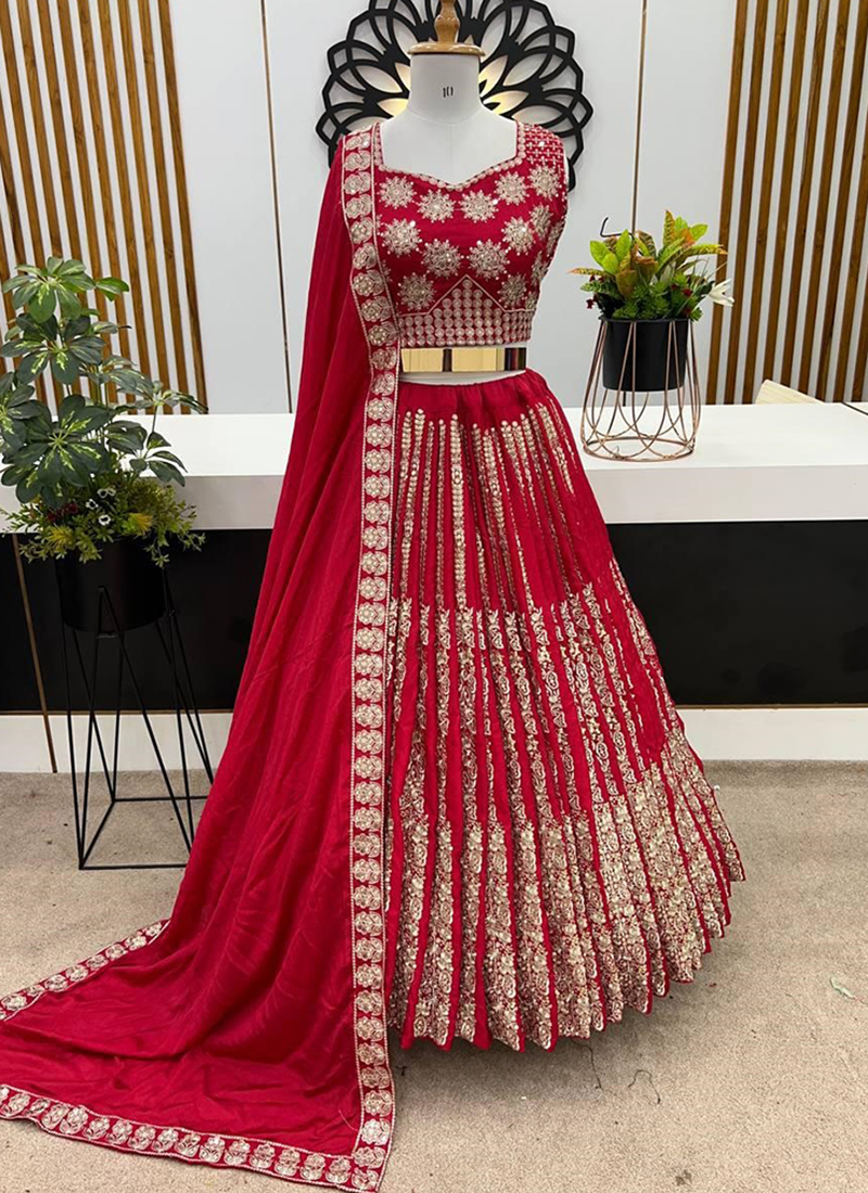 Red Chinnon Silk Lehenga With Blouse & Dupatta For Indian & Pakistani Wedding Festival - Digital Print with Zari Dori Embroidery work