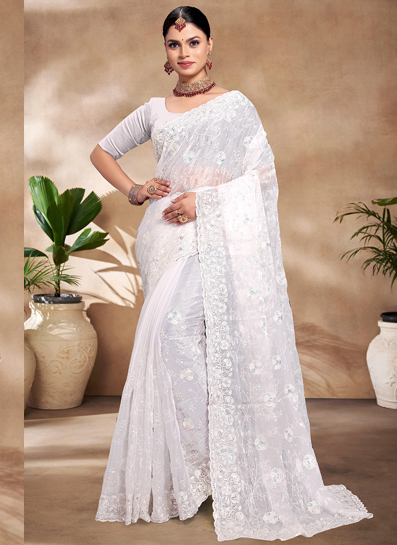 Buy White Jimmy Choo Silk Embroidery Work Wedding Wear Saree 