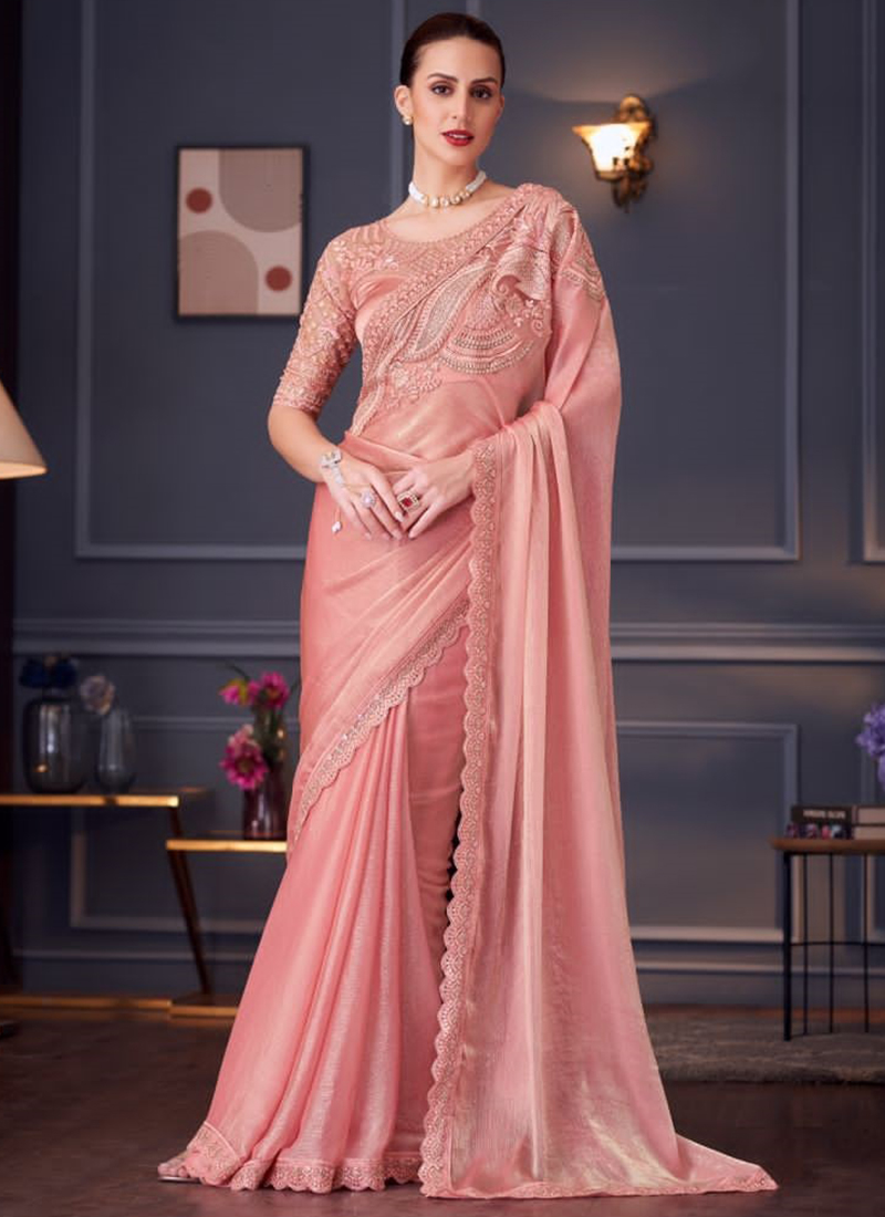 Buy Peach Pink Chiffon Embroidery Work Party Wear Saree Online From Surat  Wholesale Shop.