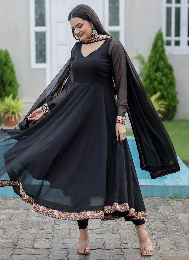 Buy Black Georgette Lace Work Festival Wear Readymade Anarkali Suit Online  From Surat Wholesale Shop.