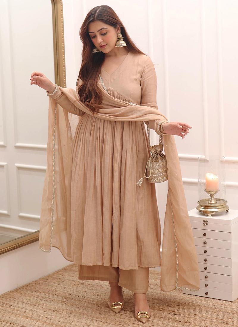 Buy Beige Chinnon Silk Lace Work Traditional Wear Readymade Anarkali Suit  Online From Surat Wholesale Shop.