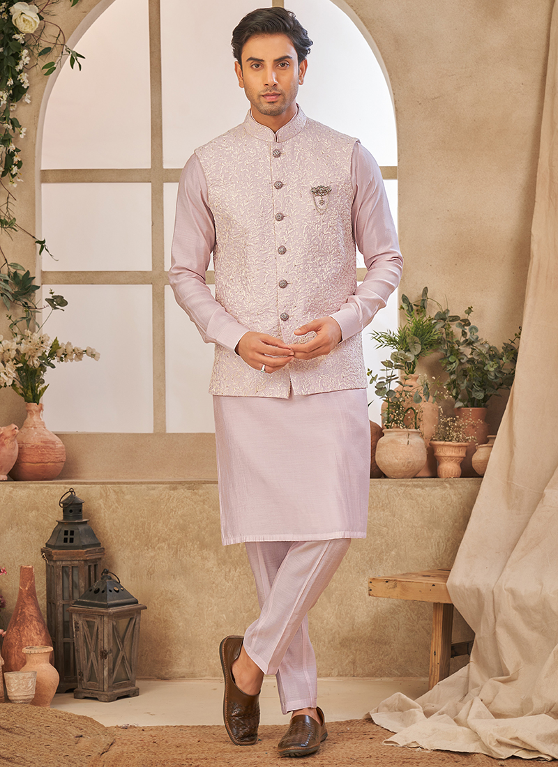 Buy Pink Art Silk Embroidery Work Wedding Wear Readymade Kurta Pajama With  Jacket Online From Surat Wholesale Shop.