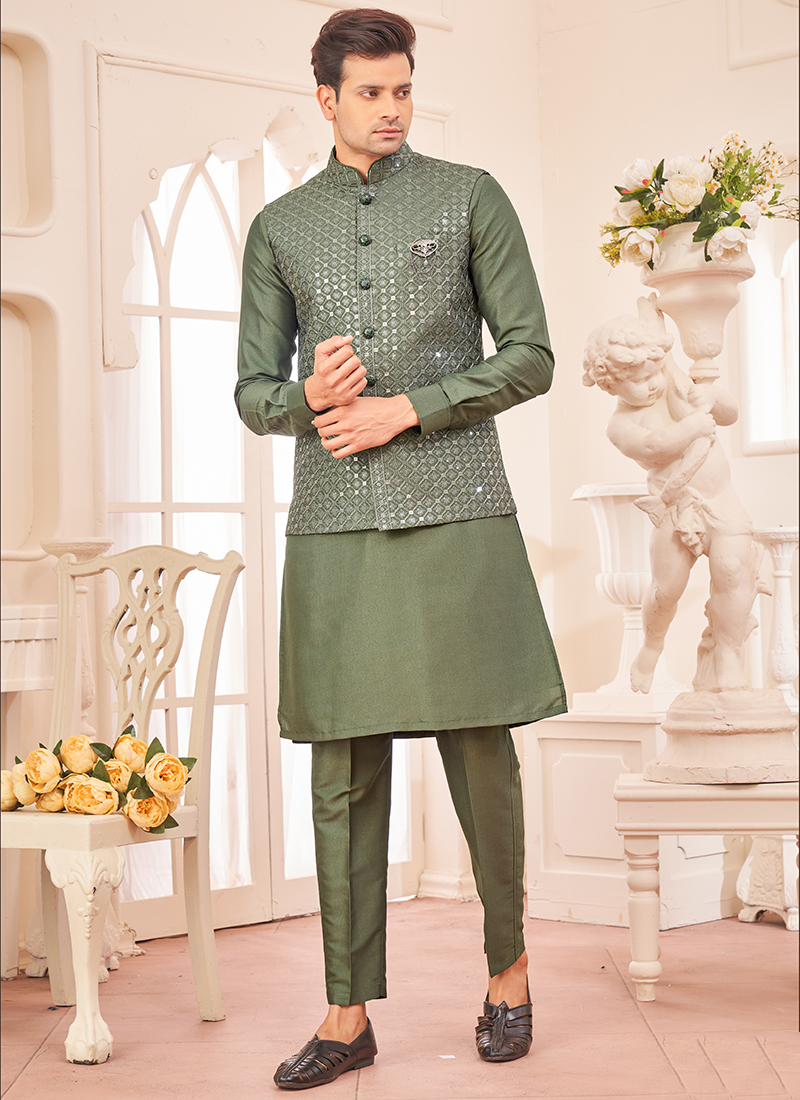 slim fit dress slacks ER 2085 Green Copper Perfect Mehndi Prince Coat Men – Edge Republic main image 0