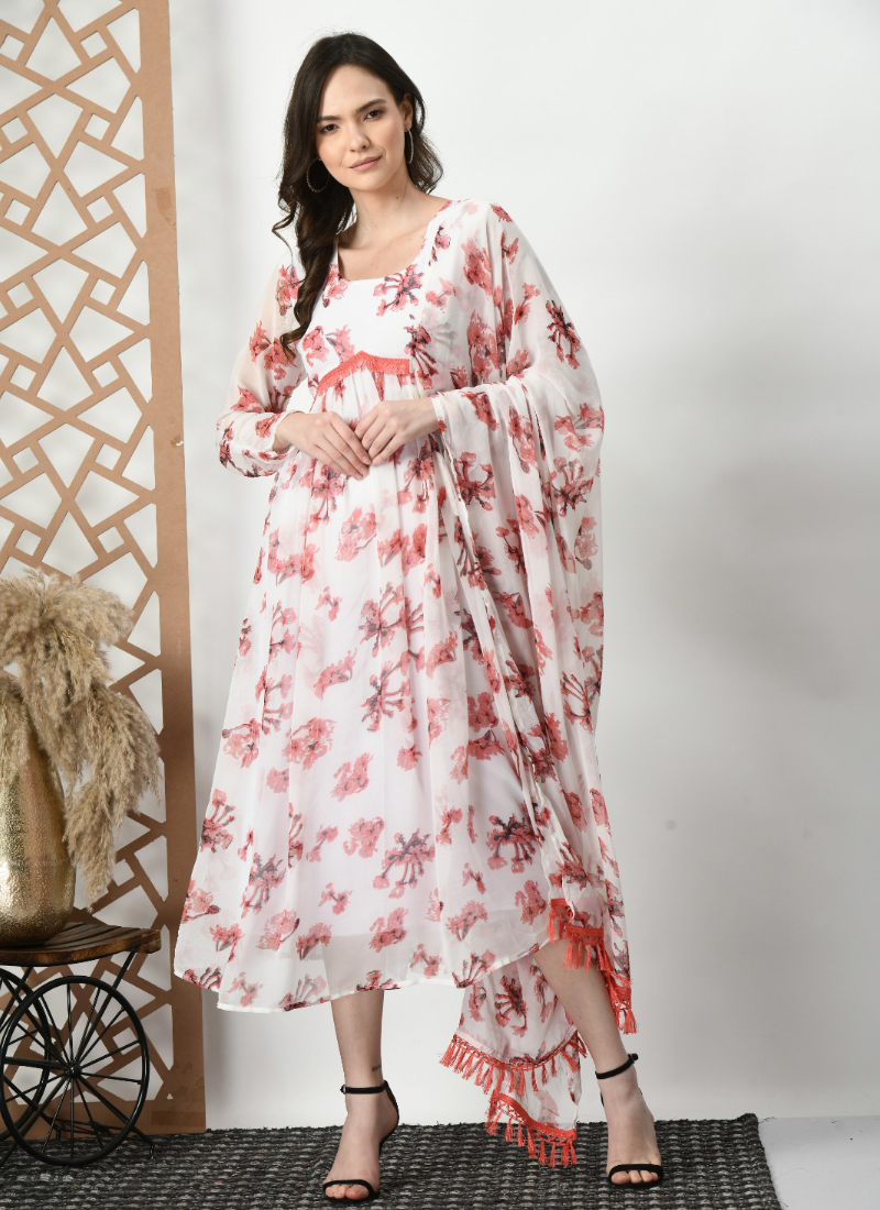 white christmas dresses Women's Printed Cotton Anarkali Kurta & Pant With Dupatta Set main image 0