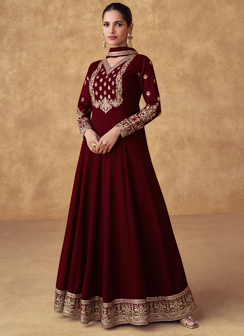 modest dresses for engagement Glittering Heavy Embroidered Burgundy Chiffon Dress for Wedding Events –  Best Price Online in Pakistan