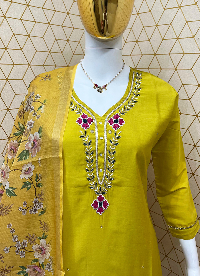 Buy Yellow Roman Silk Hand Work Traditional Wear Readymade Straight ...