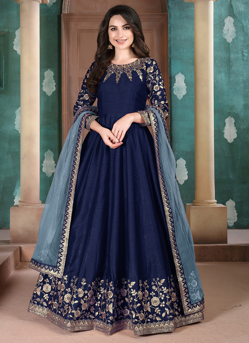 open lace back dress Green Heavy Georgette Embroidered Wedding Party Anarkali Gown main image 0