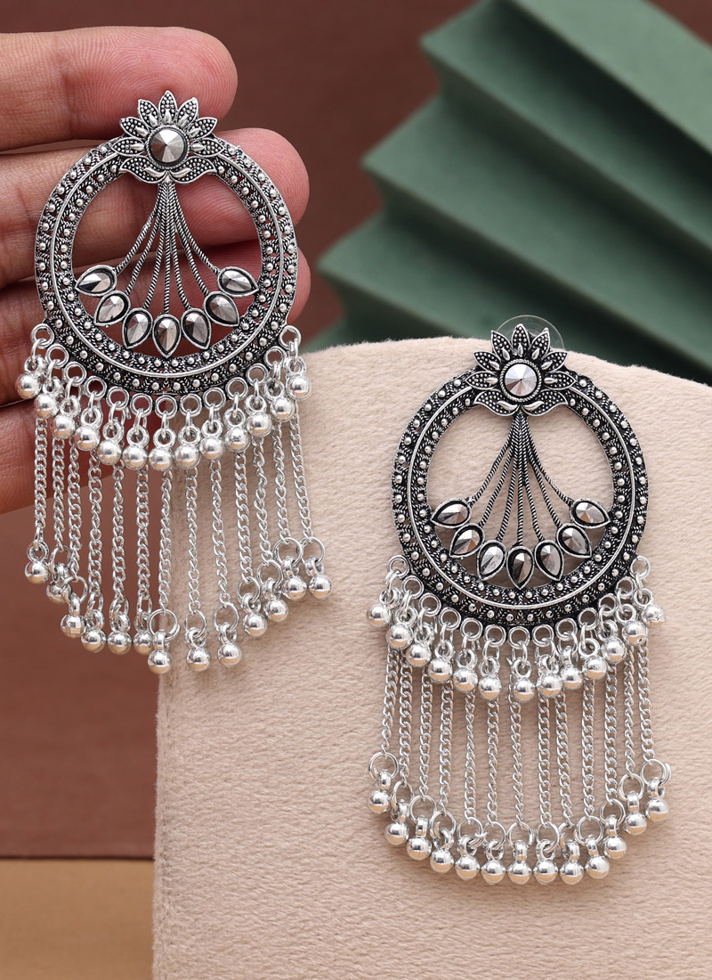Buy Traditional Wear Silver Color Oxidised Long Earrings Online From Surat  Wholesale Shop.