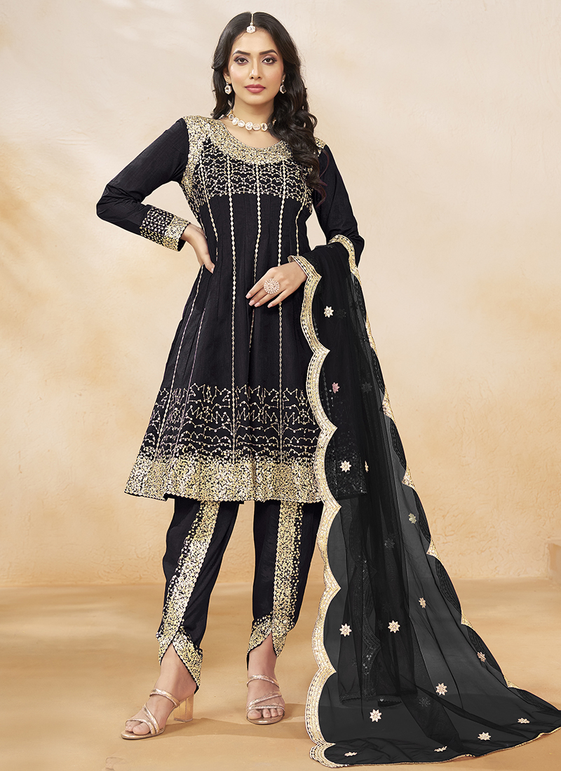 black afghani dress Title: Black Afghan Dress with Yellow Embroidery & Pants  Sadat Boutique